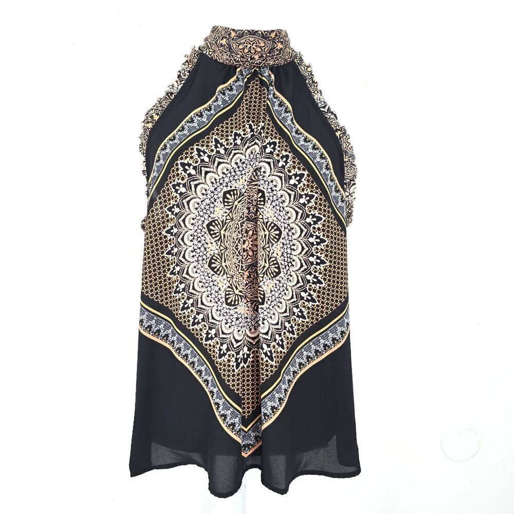 1. State Black Paisley Geometric Bandana Boho Chic Halter Neck Sleeveless Top Wo